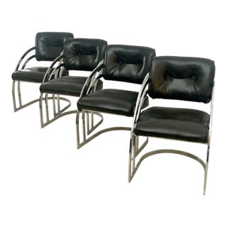 Vintage 1970s Cantilever Chrome Chairs Milo Baughman Style - Set of 4 For Sale