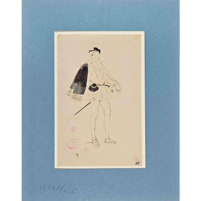 Study for a Costume is an OriginalChina Ink and watercolor Drawing realized by Eugène Giraud in the Late 19th Century....