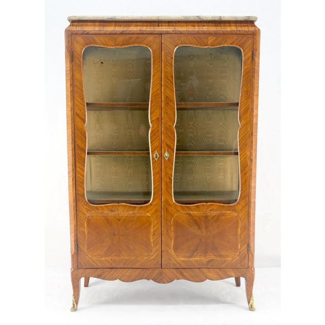 Brown Double Glass Doors French Inlayed Marble Top Curio Cabinet Book Case For Sale - Image 8 of 12