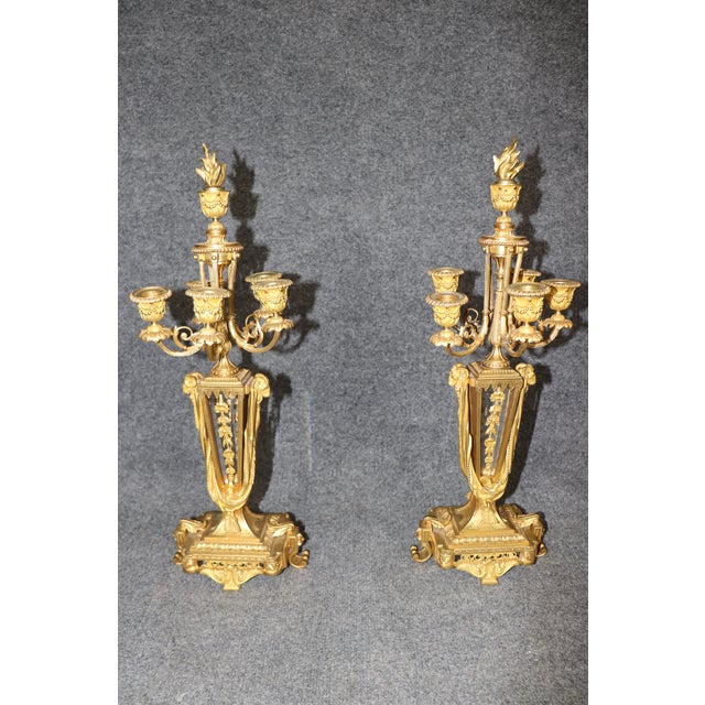 Bronze Fine Crystal Paneled Solid Bronze Pair of French Louis XVI Style Candelabras For Sale - Image 8 of 10