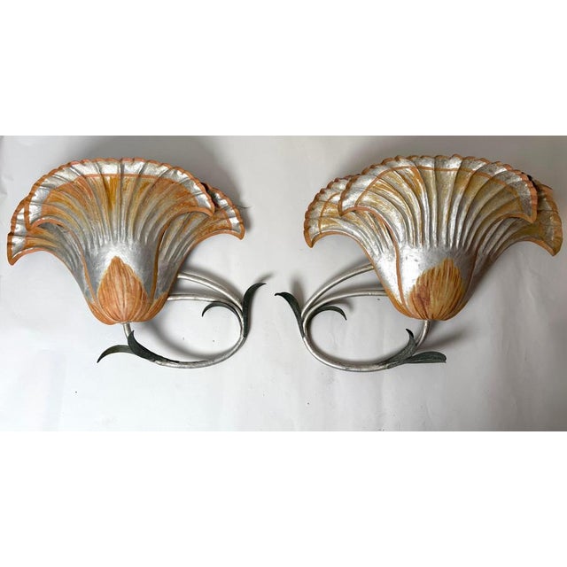 Large Italian Silver Leaf and Metal Flower Wall Sconces, 1970s, Set of 2 For Sale - Image 13 of 18