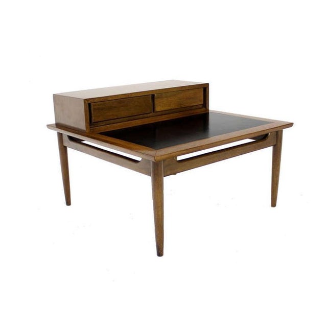 Brown Light Walnut Oversize 32" Wide Two Drawers Dowel Leg Step End Coffee Table For Sale - Image 8 of 8