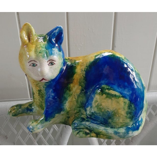 Mid-Century Italian Majolica Cat Sculpture in Blue & Green Glaze For Sale - Image 4 of 8