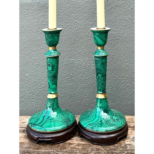Vintage Green Lacquered Candlestick Table Lamps - Pair For Sale - Image 12 of 12