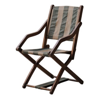 French Folding Campaign Chair in Wood and Striped Canvas, 1900s For Sale