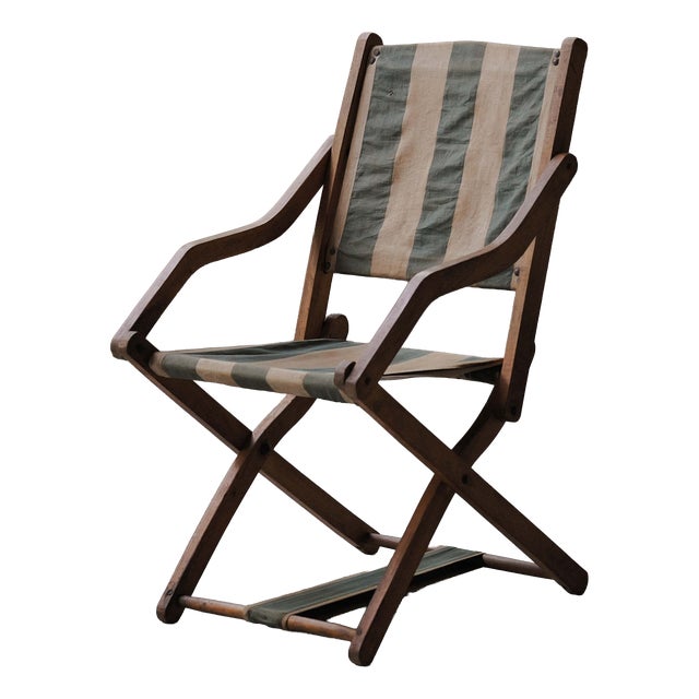 French Folding Campaign Chair in Wood and Striped Canvas, 1900s For Sale