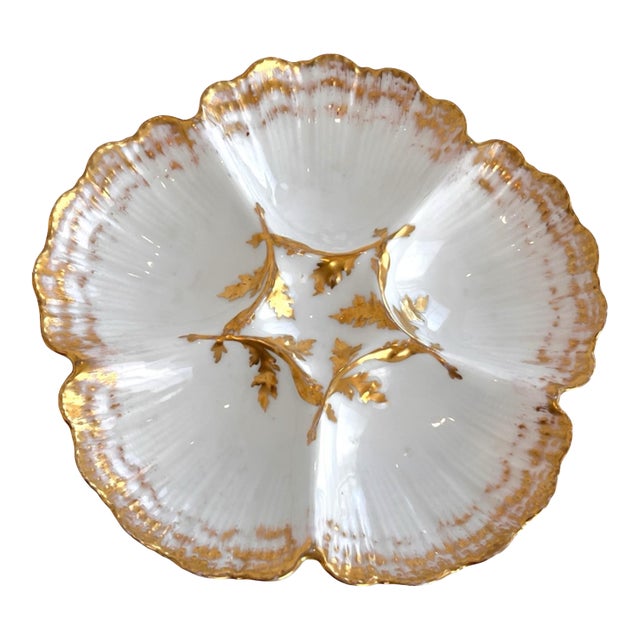Antique Limoges Porcelain Oyster Plate With Gold Gilt Details For Sale