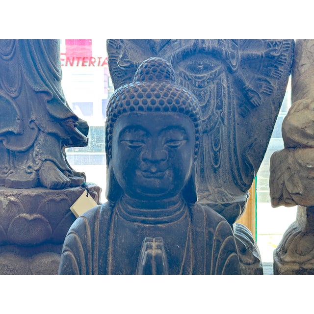 24" Distressed Black Brown Cross Legs Peaceful Hands Stone Buddha Statue For Sale - Image 10 of 13