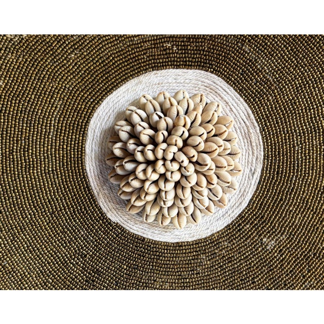Brown Vintage African Bamileke Tribe Beaded & Shell Round Wooden Shield 20.5" D For Sale - Image 8 of 8