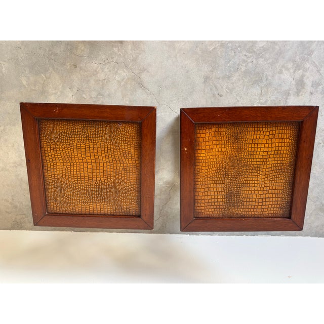 Brown Pair of Palecek Coastal Tropical - Style Rattan End Tables With Faux Crocodile Leather Tops For Sale - Image 8 of 11