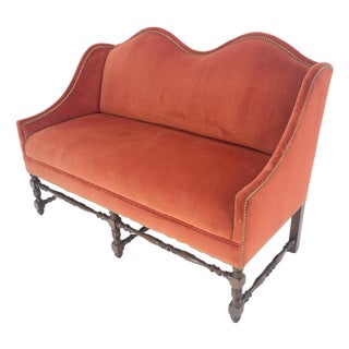 William & Mary Style Brick Red Camel Back Upholstery Walnut Base Sofa Loveseat For Sale