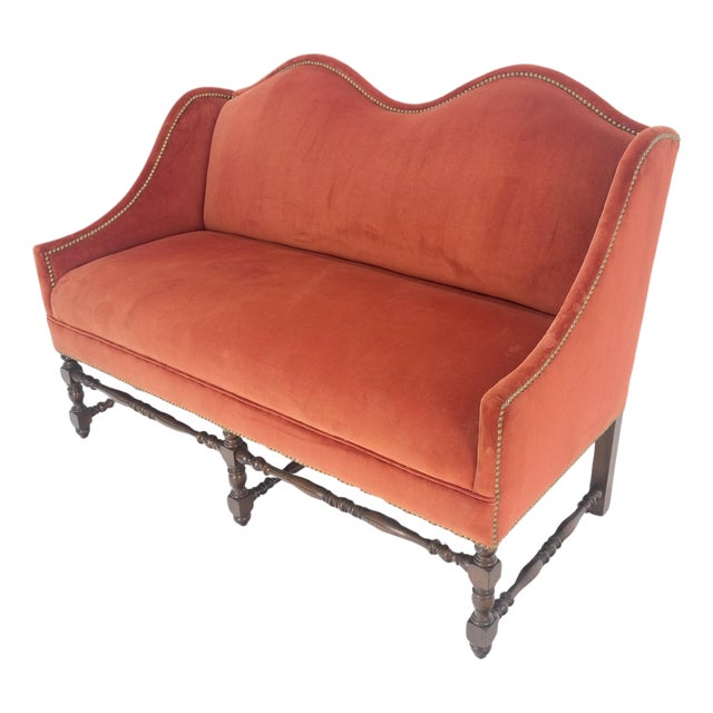 William & Mary Style Brick Red Camel Back Upholstery Walnut Base Sofa Loveseat For Sale