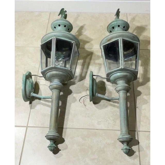 Magnificent Pair of Vintage Solid Brass Eagle-Topped Wall Lanterns For Sale - Image 16 of 17