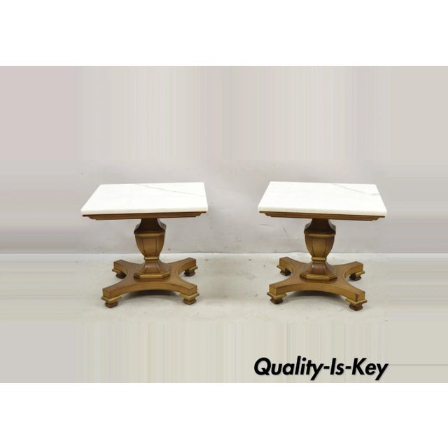 Vintage Low Marble Top Empire Style Pedestal Side Tables by Imperial - a Pair For Sale - Image 13 of 13