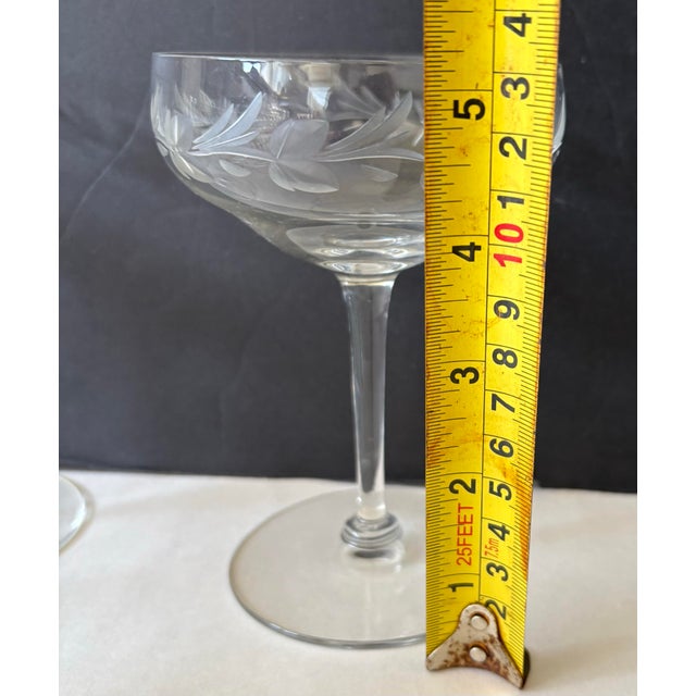 Glass Hostess Vintage Etched Floral Leaf Crystal Champagne Coupes - Set of 8 For Sale - Image 7 of 7