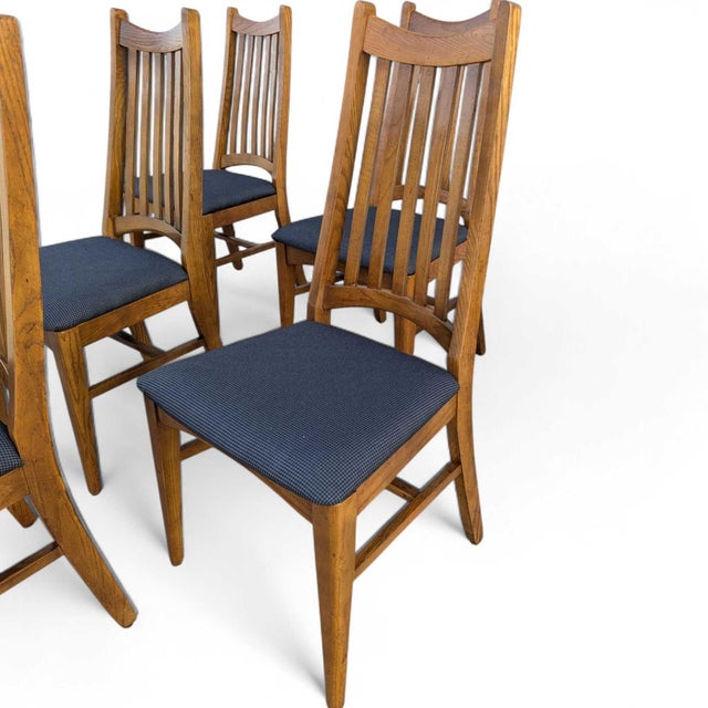 Wood Set of Six Restored Mid-Century Oak Slat-Back Dining Chairs, Walnut For Sale - Image 7 of 18