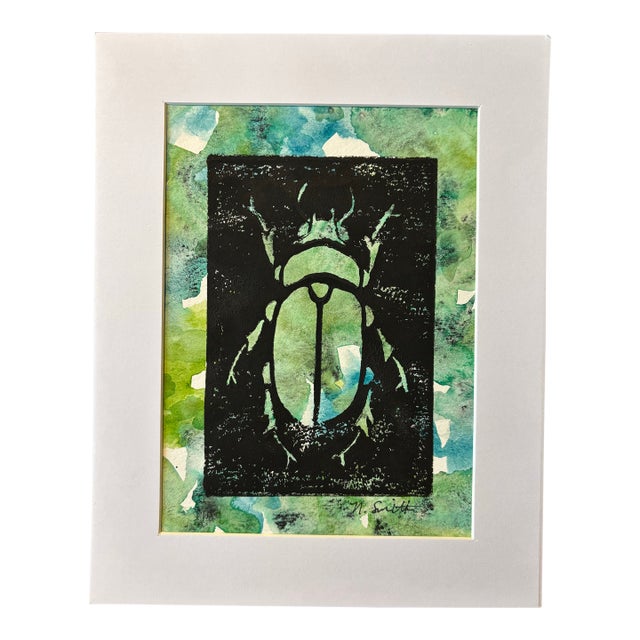 Original Hand-Carved Linocut Print Beetle With Watercolor - Seaweed Variant For Sale