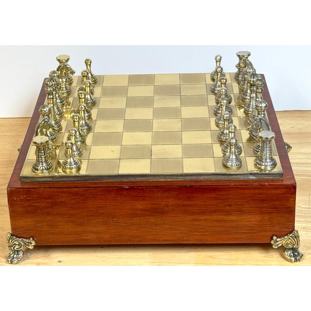 Neoclassical French Gilt & Silvered Bronze Complete Table Top Boxed Chess Set, Consisting of 33 pieces, 16 gilt bronze...