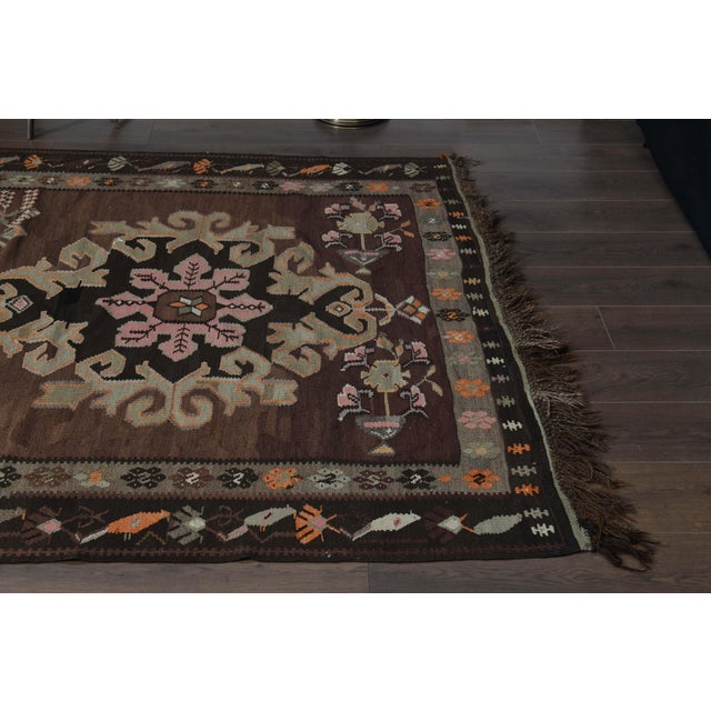 Brown Brown Turkish Vintage Handmade Kilim Wool Runner Rug 70's For Sale - Image 8 of 11