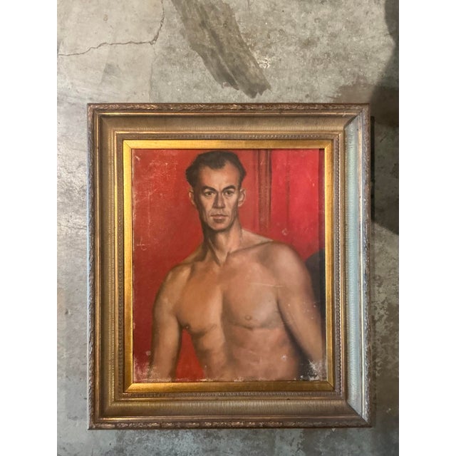 Command attention in any room with this arresting vintage original oil portrait. The painting features a striking male...