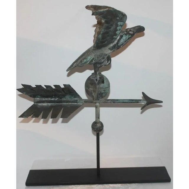 This amazing small-scale rare 19th century eagle weather vane sits on top of the unusual arrow in a verdigris copper...