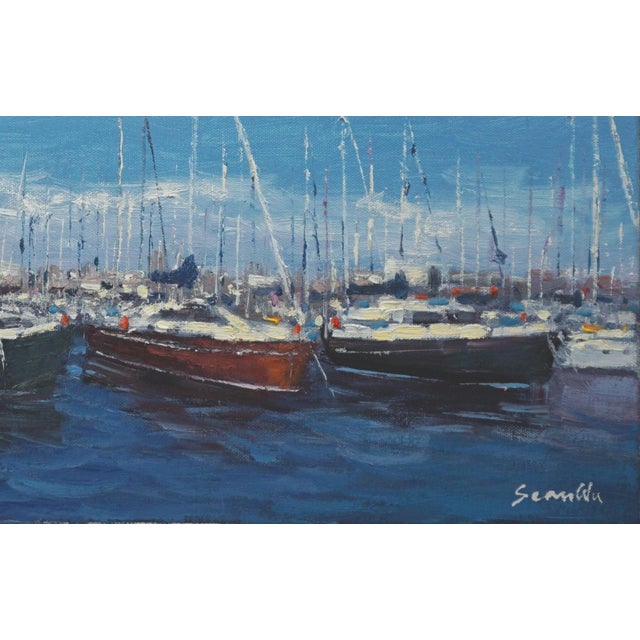 Original oil painting by Sean Wu, The sailboats quietly mooreded at the dock.