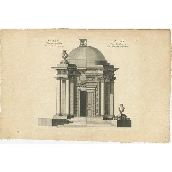 Antique print titled 'Pavillon pour les jardins (\.)'. Copper engraving showing the pavilions of the Earl of Tilney and...
