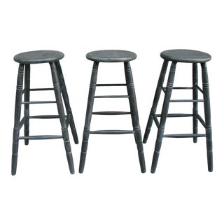 Wood Bar Stools Painted Charcoal- Set of 3 For Sale