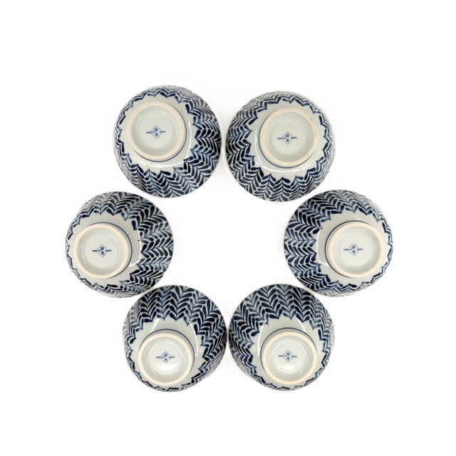 Japanese Hand Painted Blue & White Porcelain Soup Bowls With Botanical Leaf Pattern - Set of 6 For Sale - Image 10 of 10