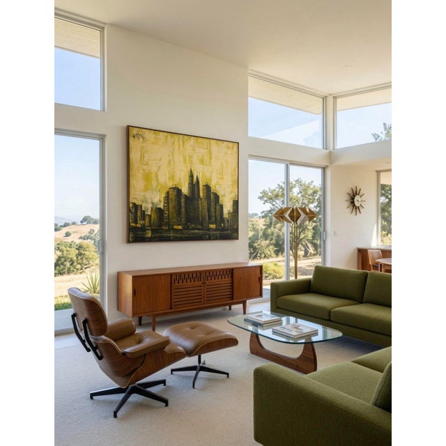 Stunning vintage mid-century modern abstract cityscape painting signed Lee Reynolds (Vanguard Studios era). This large,...