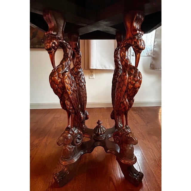 Wood Antique 1920’s Figural Carved Storks With Rams Heads Octagonal Lamp Table For Sale - Image 7 of 12