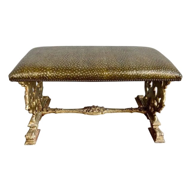 Italian Carved Giltwood Bench W/ Embossed Leather For Sale