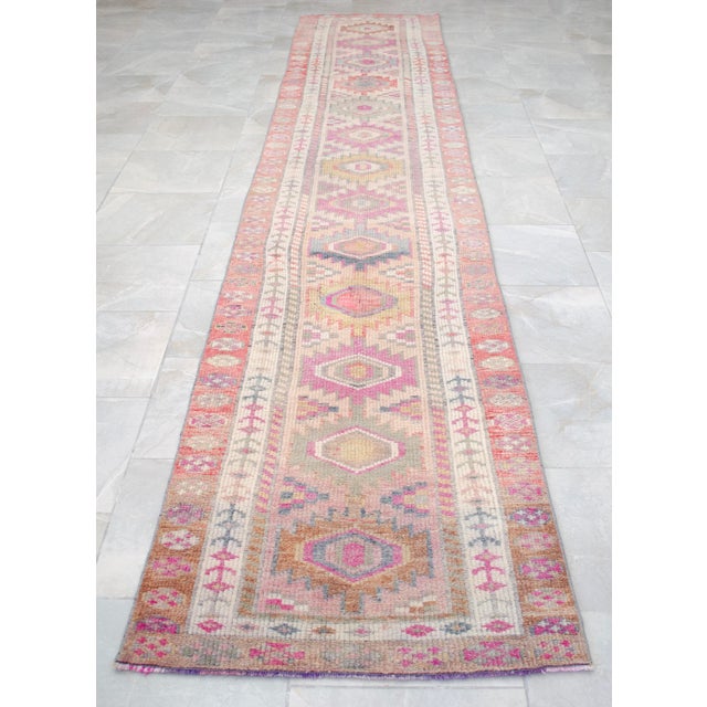 Rose Kurdish Herki Hand-Knotted Distressed Runner Rug Low Pile Extra Long Hallway Decor - 3x15 Ft Approx For Sale - Image 8 of 16