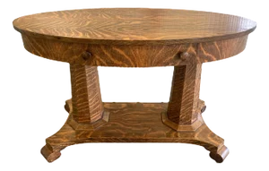 Antique American Empire Arts and Crafts Oval Quartersawn Tiger Oak Library Table or Writing Desk