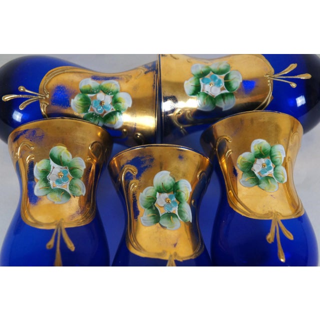 Blue Mid 20th Century Bohemian Czech Cobalt Blue & Gold Enamel Cordial Aperitif Shot Glasses- Set of 5 For Sale - Image 8 of 12