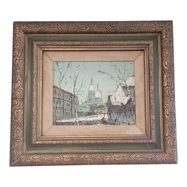 Vintage Petite French Cityscape Painting For Sale