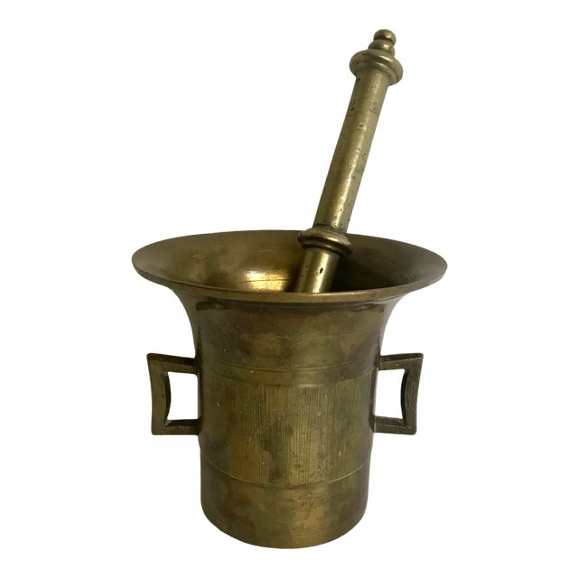 Antique Heavy Brass Mortar and Pestle Set For Sale