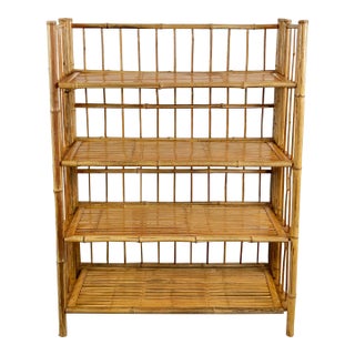 Vintage Collapsible Four Tier Scorched Bamboo Bookshelf For Sale