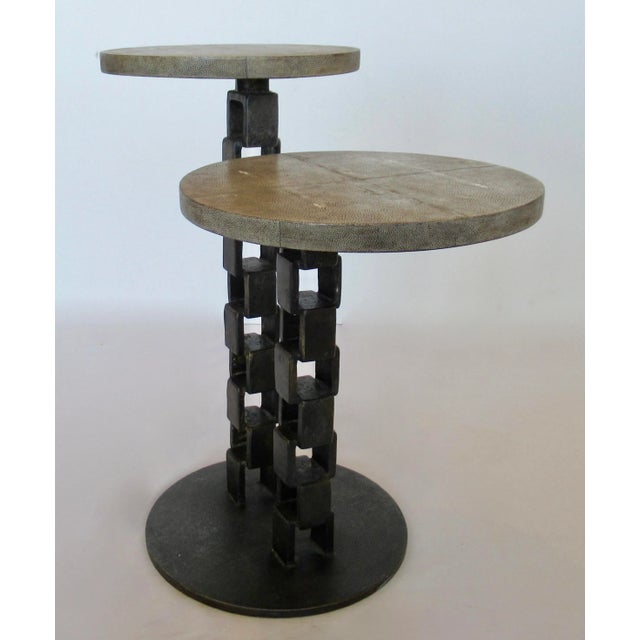 Vintage C.1990's French R & Y Agousti 2-Tier Occasional and/or Drinks Side Table in Forged Iron & Shagreen For Sale In West Palm - Image 6 of 18