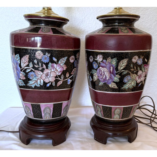 Chinoiserie Pair of Vintage Chinoiserie Floral Ginger Jar Style Lamps 1970s For Sale - Image 3 of 11