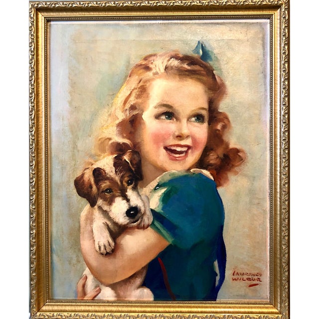 Lawrence Wilbur, 1930s Vintage Oil Painting Girl, Puppy Dog, American Illustrator Lawrence Wilbur, c.1930's For Sale