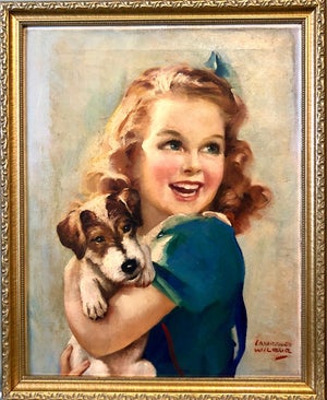 Lawrence Wilbur, 1930s Vintage Oil Painting Girl, Puppy Dog, American Illustrator Lawrence Wilbur, c.1930's