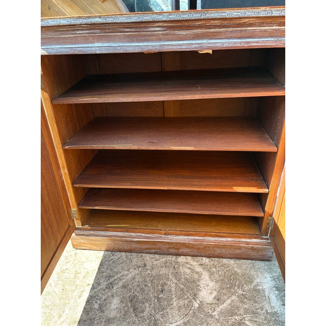 Vintage Classical Style Two Door Leather and Walnut Cabinet For Sale - Image 10 of 11