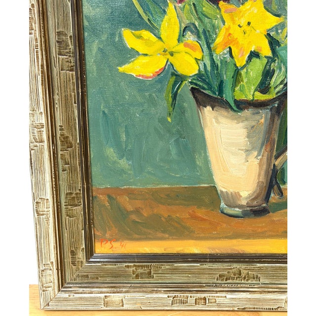 Mid 20th Century European Modernist Spring Still Life with Daffodils and Tulips, Signed "PS '41" For Sale - Image 5 of 15