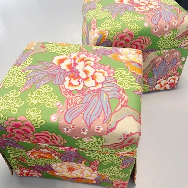 Traditional Pair Custom Floral Coastal Custom Upholstered Bench Ottomans With Skirt For Sale - Image 3 of 6