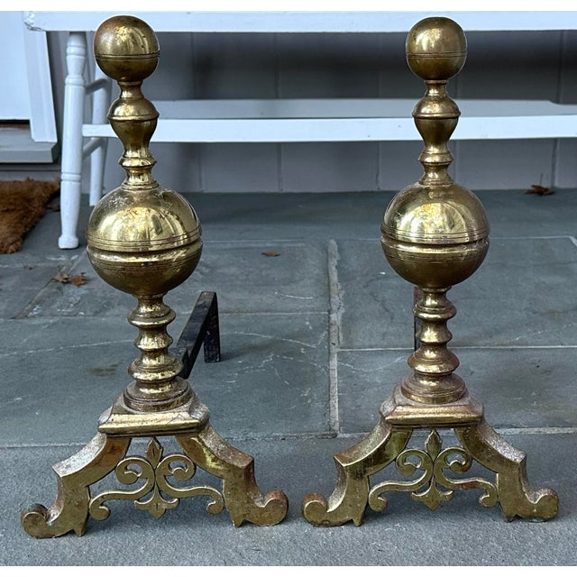 Pair of French Style Brass Andirons With Fleur De Lis For Sale - Image 11 of 11