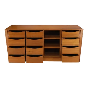 Mid 20th Century Tambour Doors 12 Deep Drawers 3 Shelves Danish Teak Lowboy Dresser