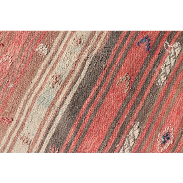 Coral Blue and Beige Striped Vintage Turkish Kilim Handwoven Wool Runner For Sale - Image 12 of 12