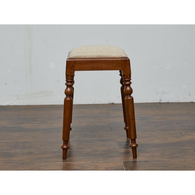 19th Century 19th Century English Mahogany Stool with Turned Legs and Upholstered Seat For Sale - Image 5 of 12
