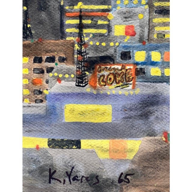 "The City Lives at Night" painting on paper by artist Katherine Yares. Signed lower left and on the back
